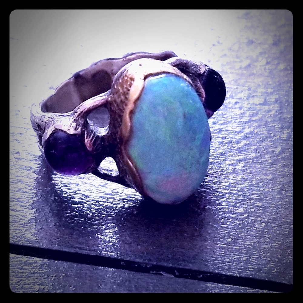 Opal and Amethyst Silver and Yellow Gold Ring